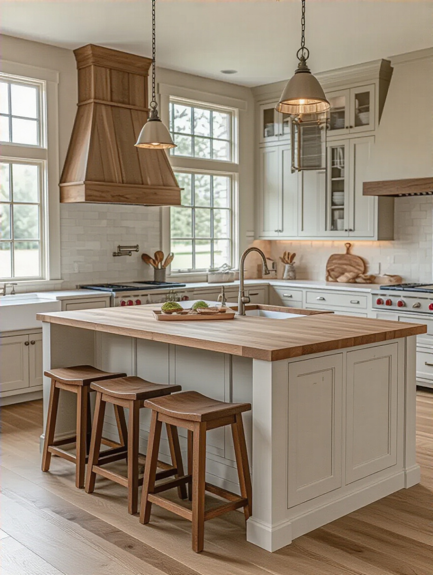 Farmhouse kitchen island optimized for meal prep, casual seating, and ample storage, highlighting design for multi-functional use.