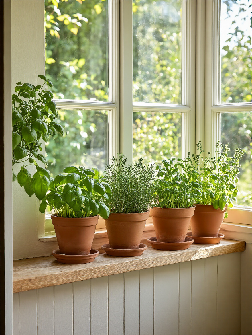 A portrait view of a vibrant herb garden nook in a cottage kitchen, with multiple pots of fresh basil, rosemary, and thyme on tiered shelves in a sunny window, bathed in natural light.