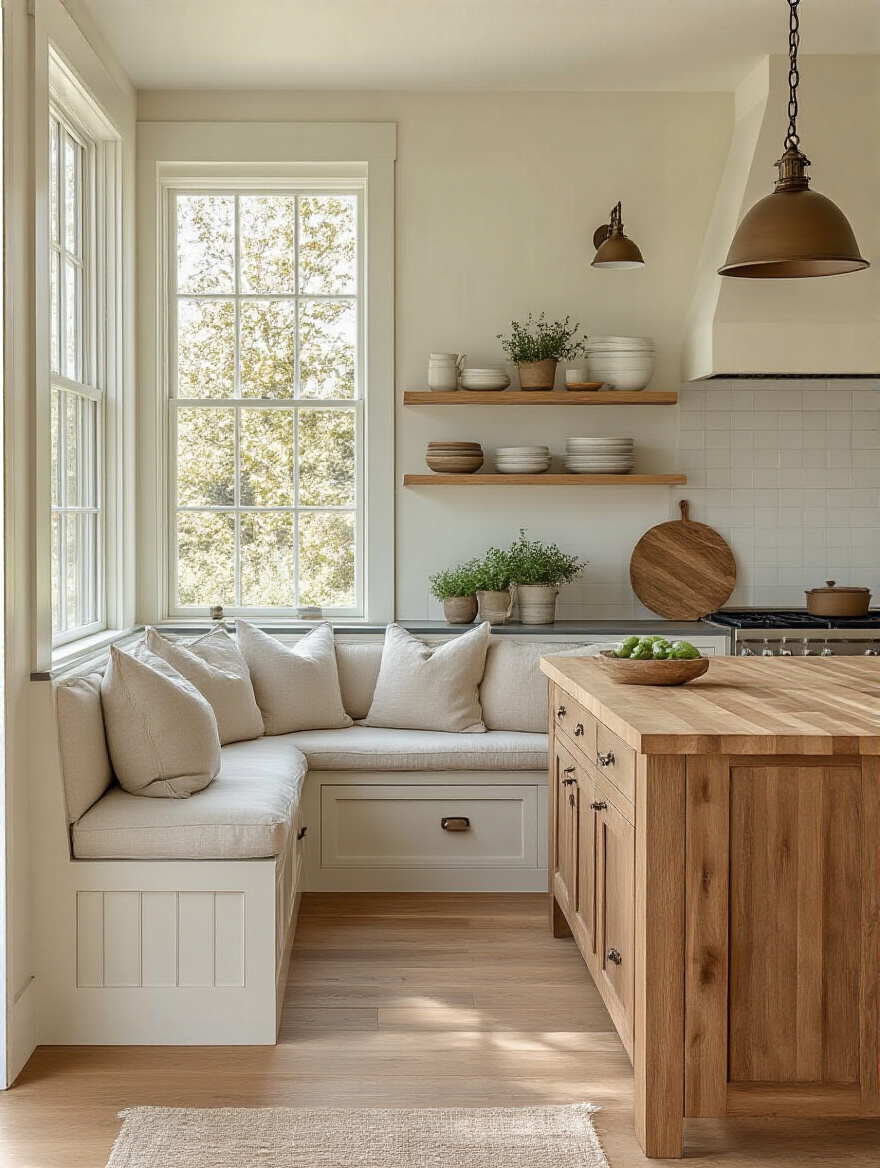 Cozy farmhouse breakfast nook with built-in banquette and island seating in warm wood tones