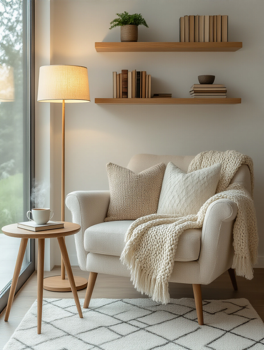 Cozy reading nook with armchair, lamp, and books by a window, ideal for living room layout ideas.