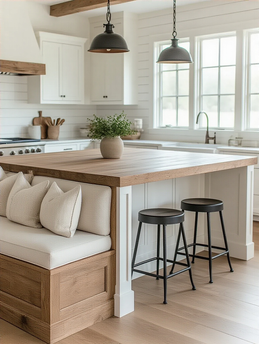 Farmhouse kitchen island with integrated rustic wooden banquette and upholstered cream cushions, complemented by black wrought iron counter stools, under warm pendant lighting.