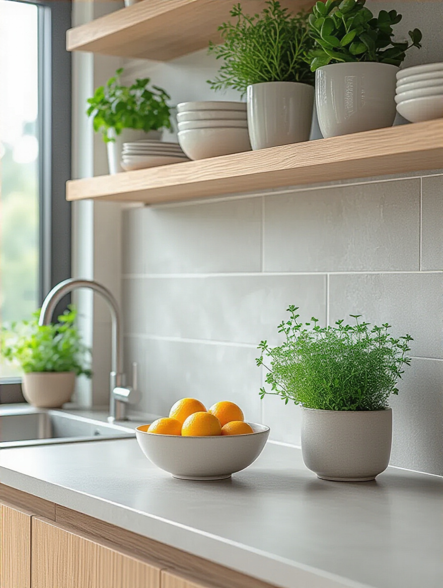 Modern kitchen with a timeless, adaptable light gray large-format porcelain tile backsplash and minimalist counter decor, ready for future style changes.