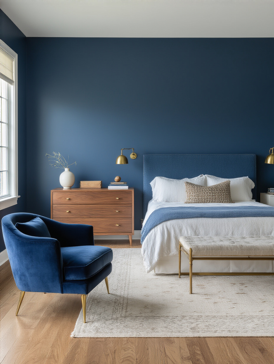 Portrait-style interior shot of a serene blue bedroom with coordinated furniture pieces