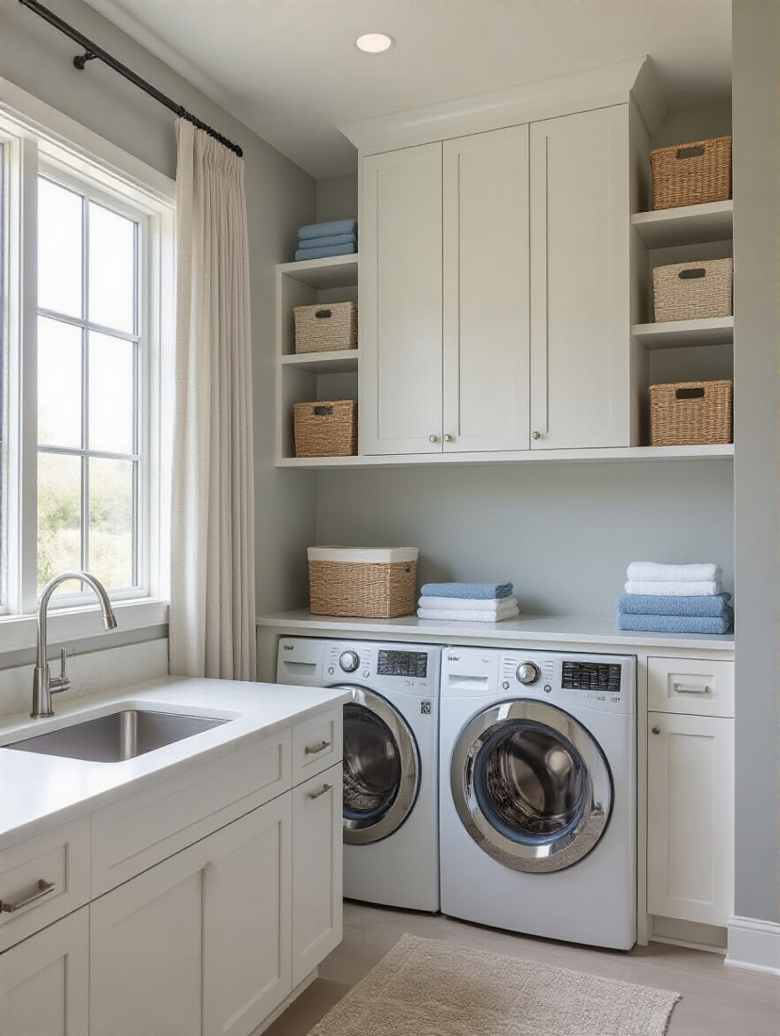 Portrait view of a modern laundry room emphasizing mood and function
