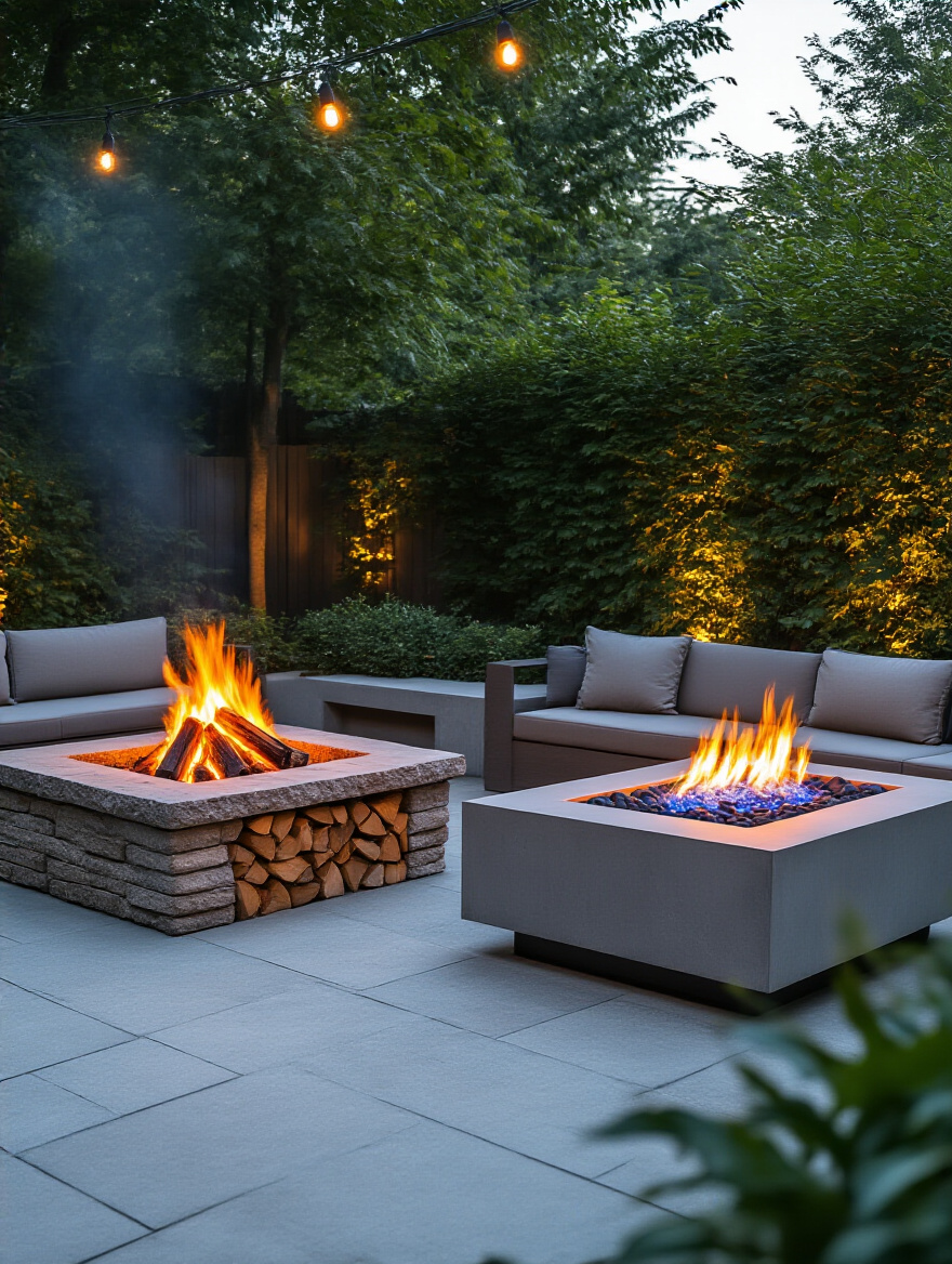 Comparison image of a cozy wood-burning firepit with glowing embers and a modern gas firepit with clean flames, both in an outdoor patio setting at dusk.