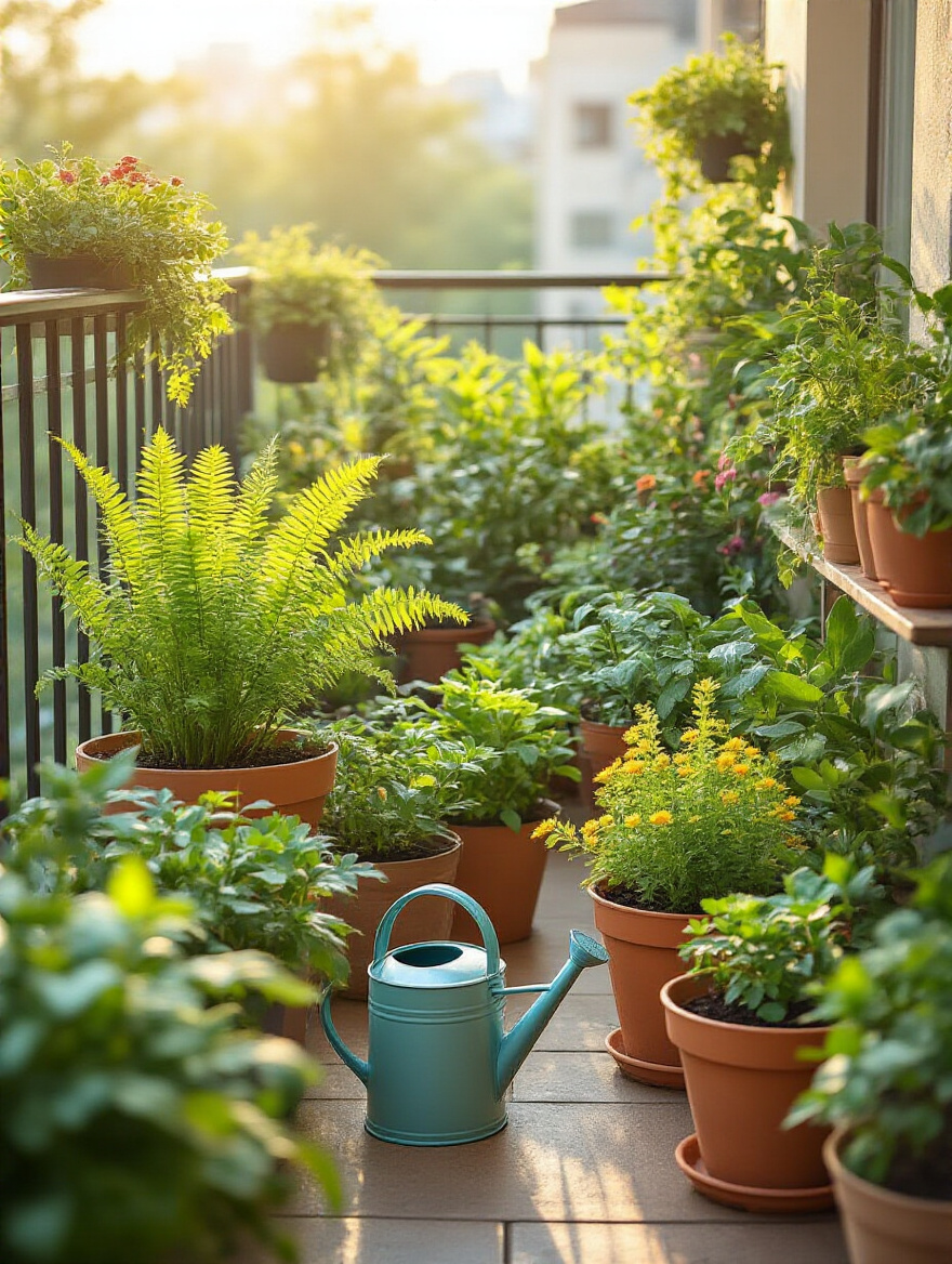Image depicting a vibrant balcony garden with various potted plants, illustrating a consistent watering schedule and tailored plant needs, no people.