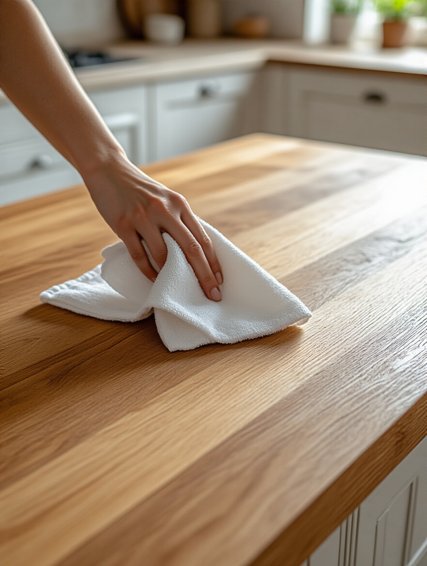 Close-up of a person gently wiping a clean farmhouse kitchen island wood surface with a soft cloth, showcasing its well-maintained luster.