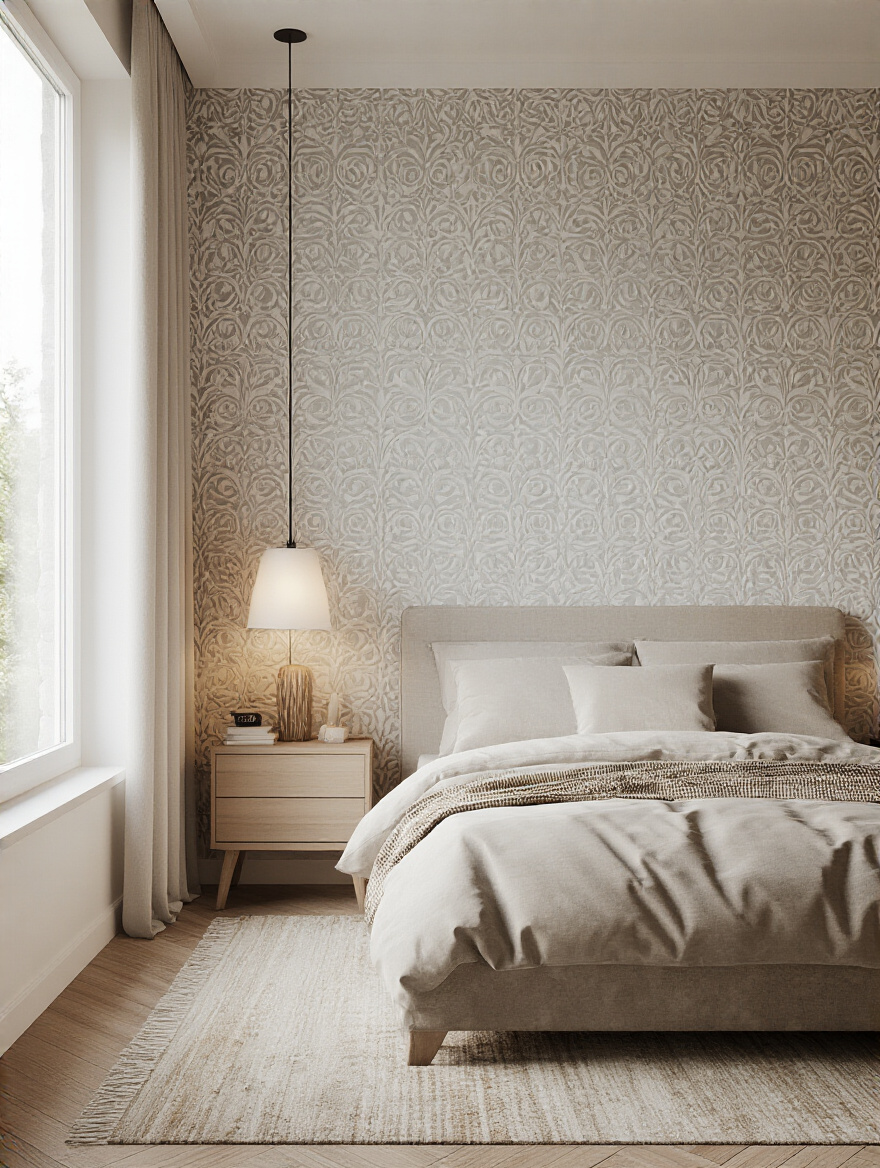 Vertical bedroom wall with a stenciled accent pattern in warm tones