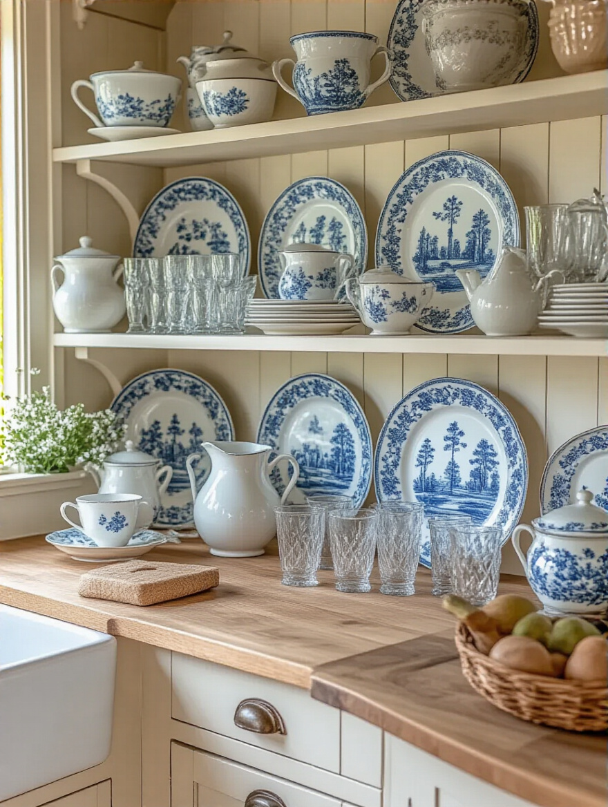 Cottage kitchen with open wooden shelves displaying a curated collection of blue and white vintage transferware and clear pressed glassware, bathed in soft natural light.