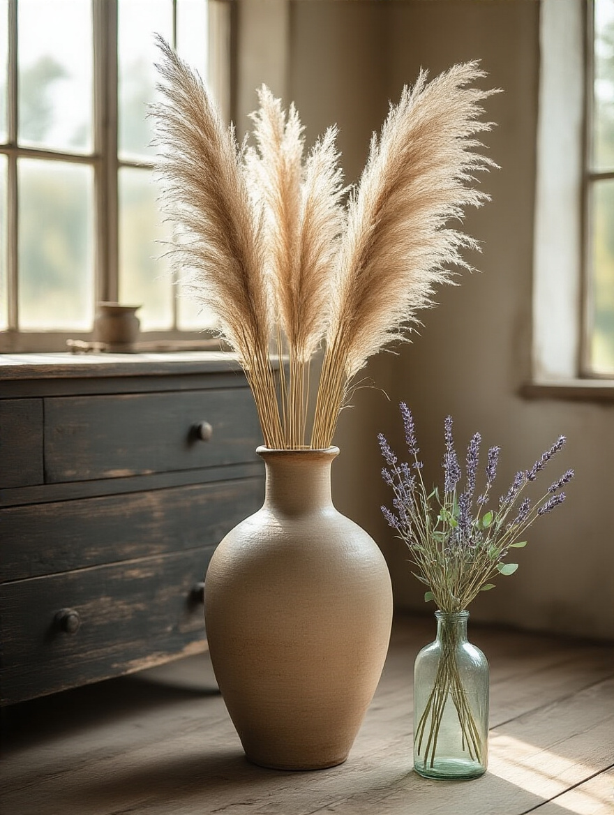 Rustic bedroom with a large ceramic vase of pampas grass and a vintage bottle with dried eucalyptus on a wooden dresser, natural light.