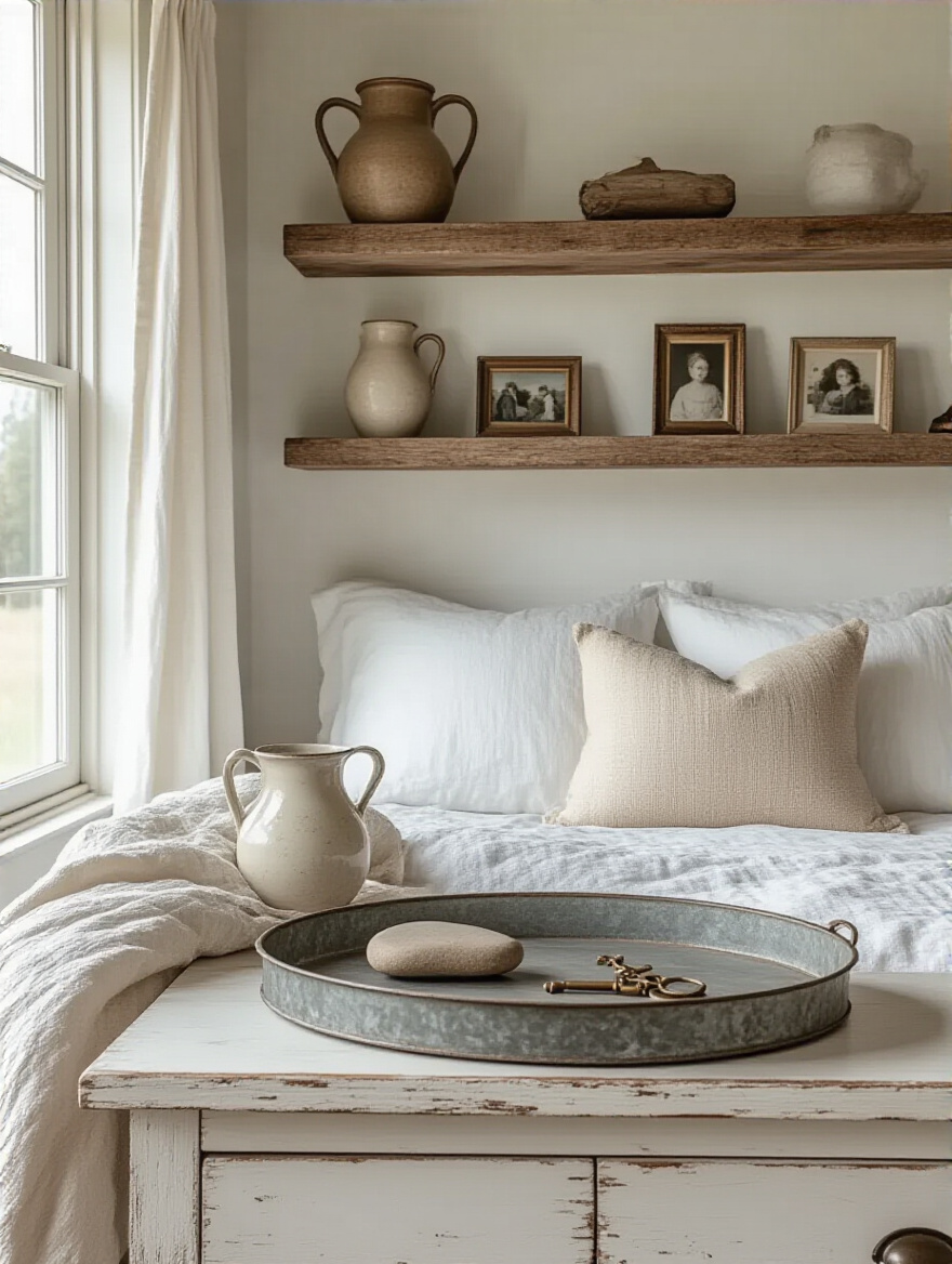 Farmhouse bedroom with open shelving displaying vintage family photos and ceramic pitcher, alongside a dresser with a tray holding sentimental collectibles, conveying warmth and personal history.