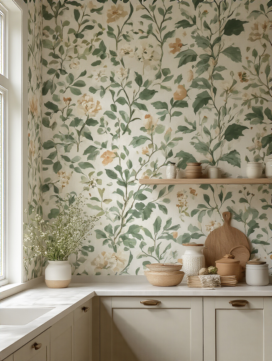 Portrait view of a kitchen wall with removable wallpaper showing a seasonal update, natural light