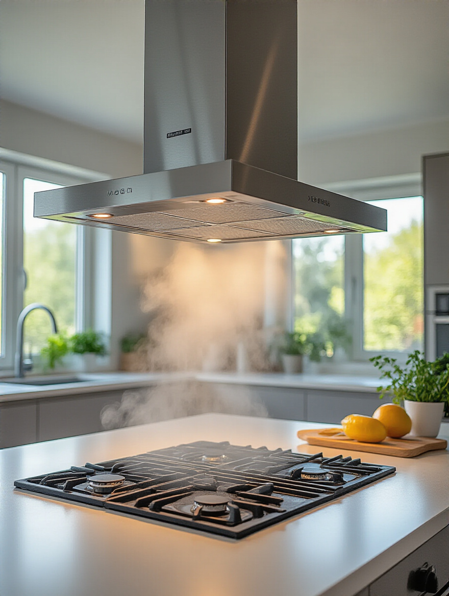 Modern kitchen with sleek range hood highlighting proper kitchen ventilation for long-term kitchen preservation.