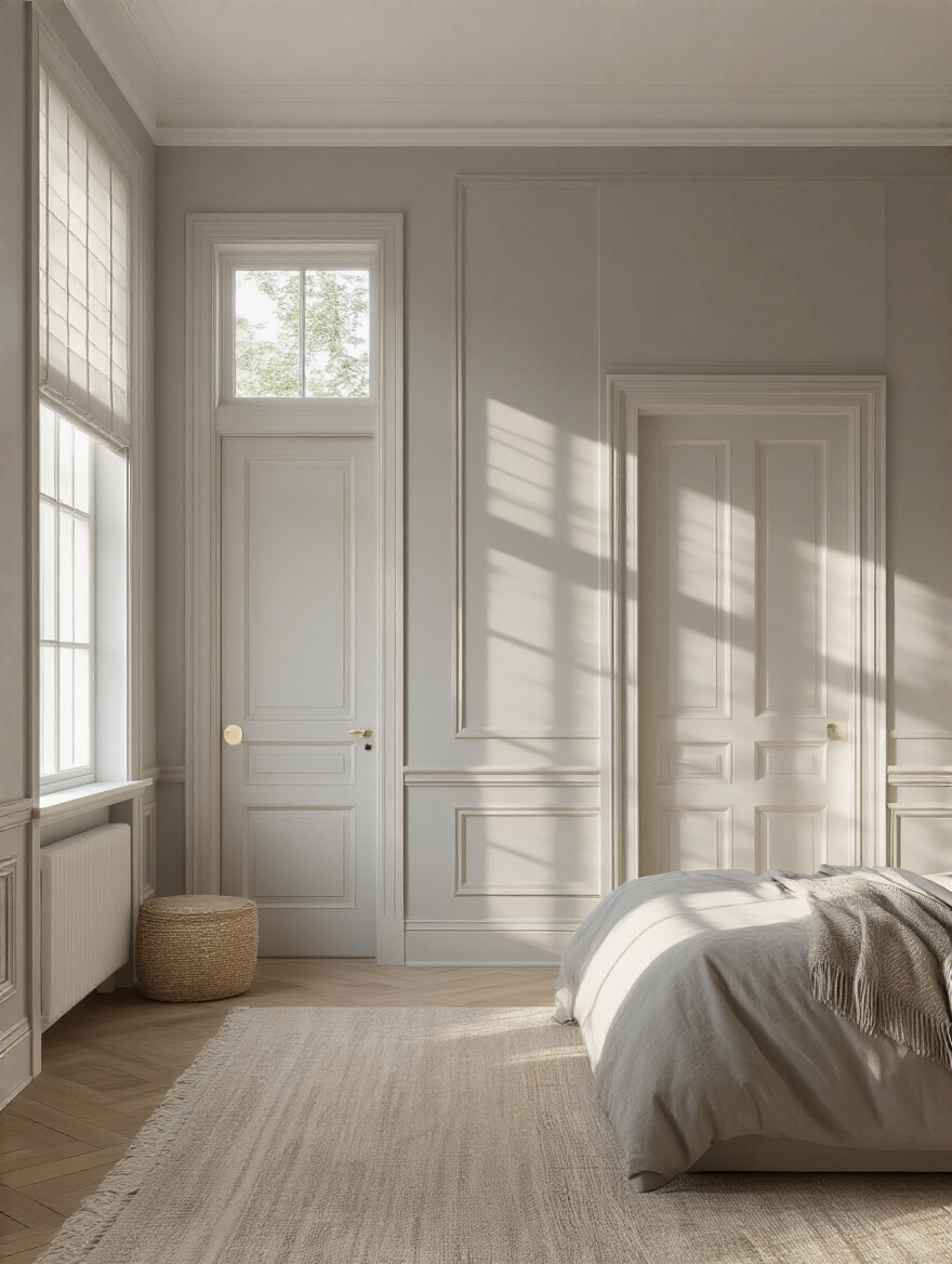 Vertical bedroom showing trim and doors with contrasting or blended color