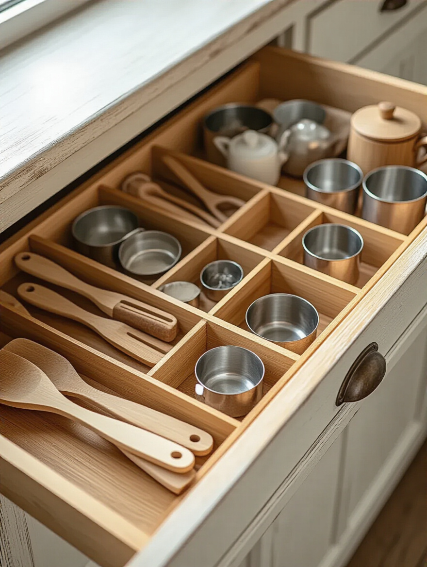 Detailed view of an immaculately organized cottage kitchen drawer with custom bamboo dividers holding various baking tools like spatulas, measuring cups, and cookie cutters, illuminated by soft natural light.