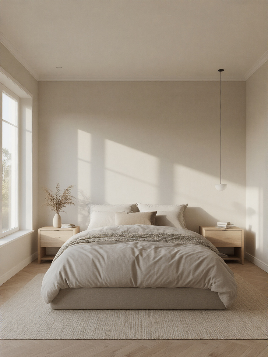 Bedroom ceiling lifted by lighter tint contrast