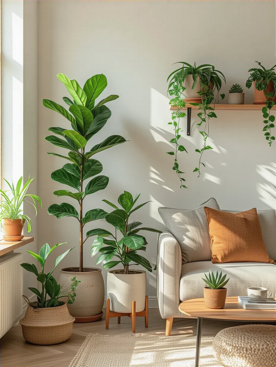 Vertical living room corner with layered indoor plants on a coffee table and shelves
