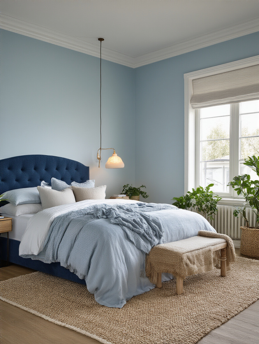Serene blue bedroom with soft lighting and natural textures