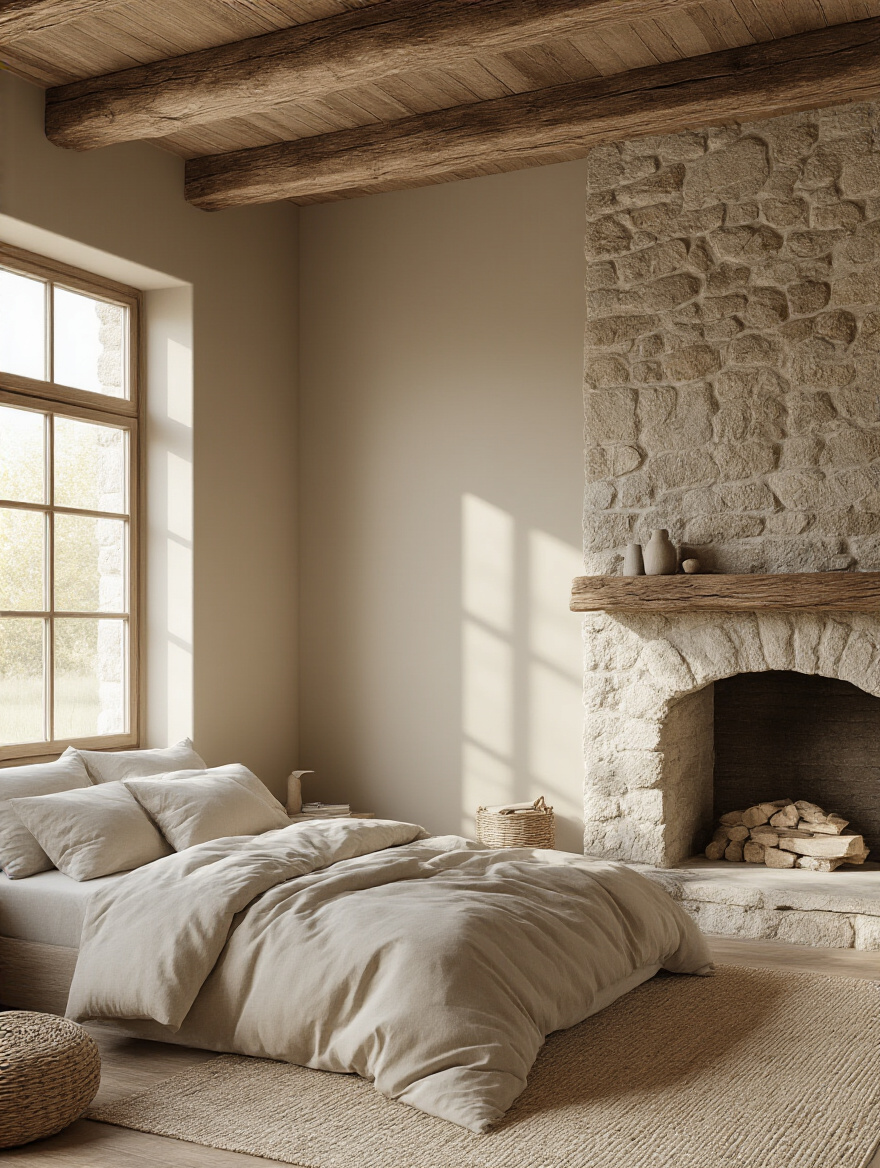 Cozy rustic bedroom with walls painted in a warm earthy neutral greige, complemented by exposed wooden beams and a natural stone fireplace.