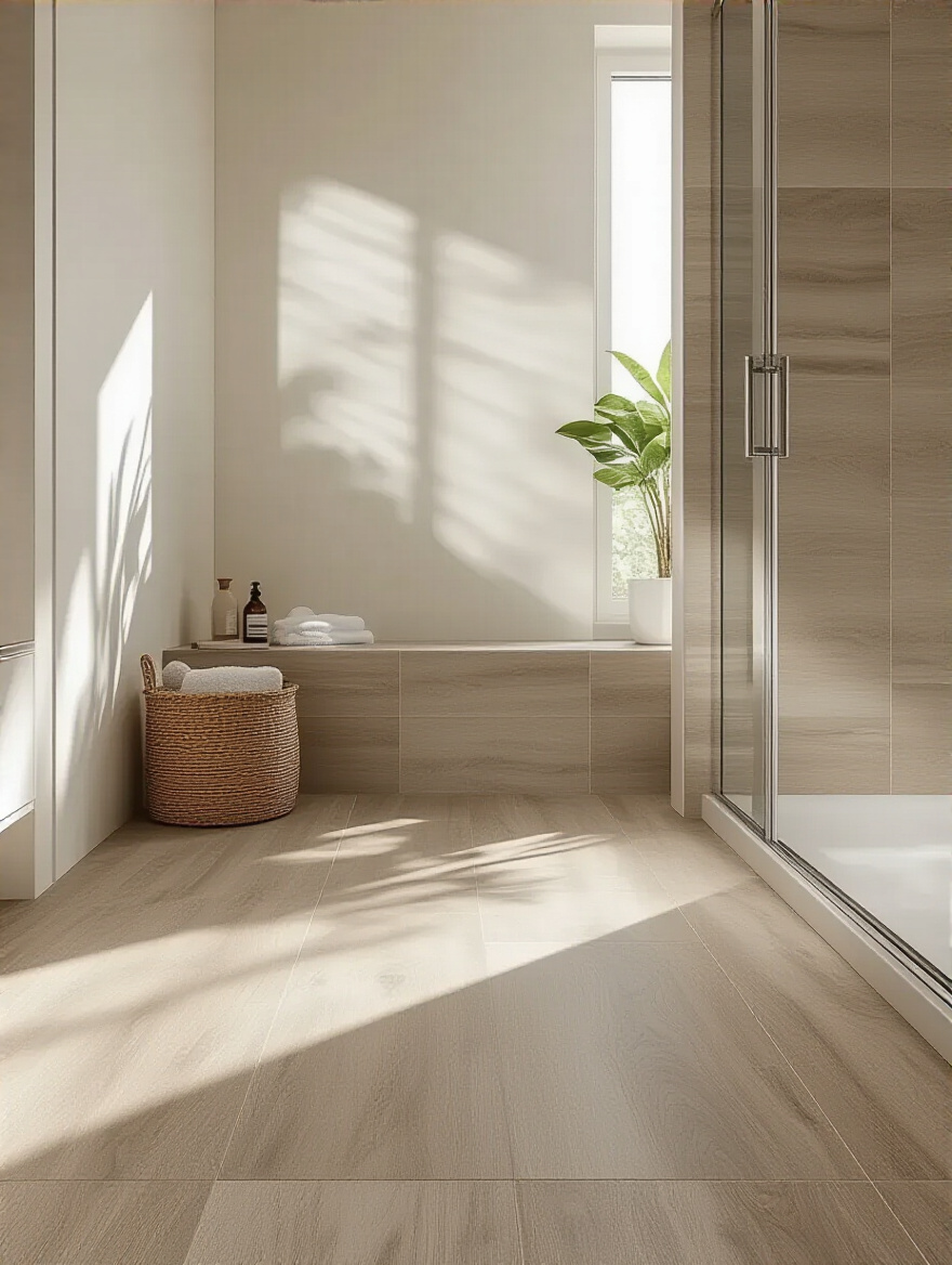 Wood-look porcelain bathroom floor tiles in a modern bathroom, showcasing durability and water resistance.