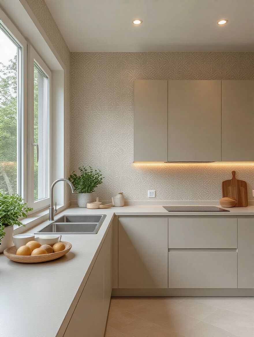 Portrait view of a modern kitchen wall with washable and scrubbable wallpaper