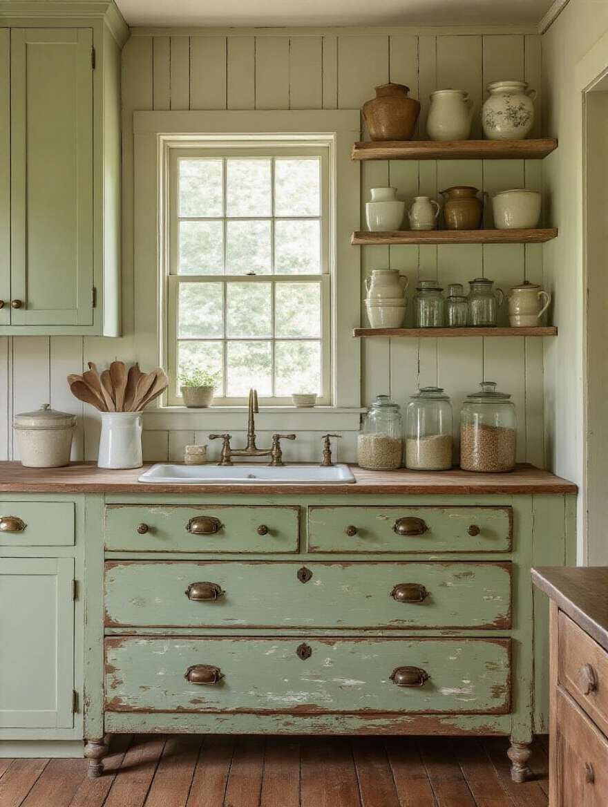 A cozy cottage kitchen featuring a worn and weathered aesthetic, with an antique pine dresser island, distressed green cabinets, and reclaimed wood open shelving.