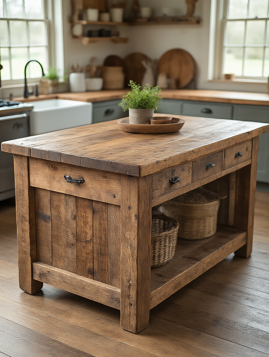 Farmhouse kitchen island with genuine reclaimed wood finish, showcasing natural distressing, original nail holes, and a rustic matte surface, embodying authentic farmhouse character.