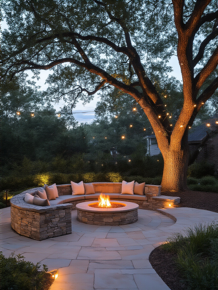 A beautifully illuminated firepit area at dusk, featuring warm strategic outdoor lighting. Low-voltage path lights illuminate a stone walkway, uplights highlight an adjacent tree, and string lights provide soft ambient glow over a seating area, creating a cozy and inviting outdoor living space.
