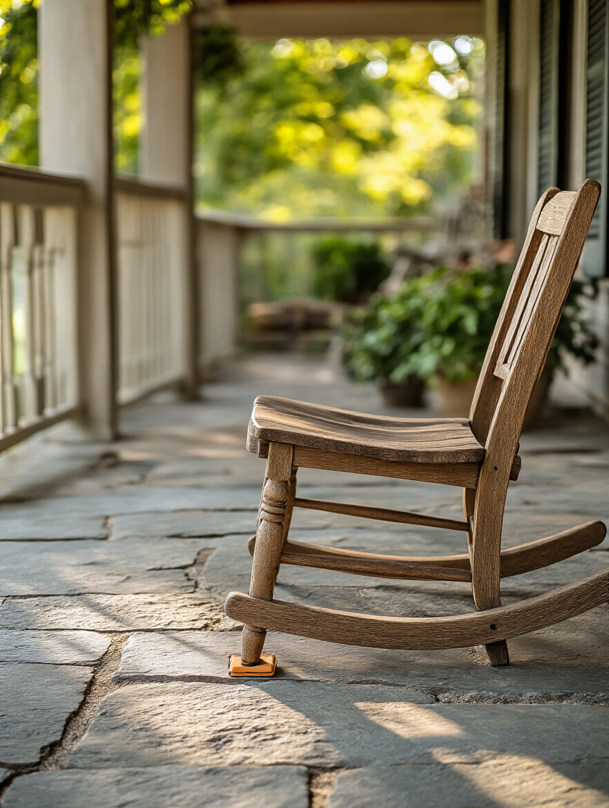 Porch chair leg with a durable rubber shim on an uneven flagstone porch surface, demonstrating stable furniture placement.