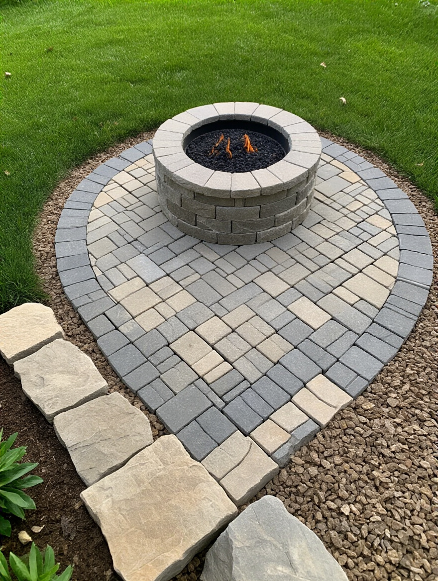 Image showing a well-constructed, non-combustible base for a firepit made of pavers and gravel on a lawn, designed for safety.