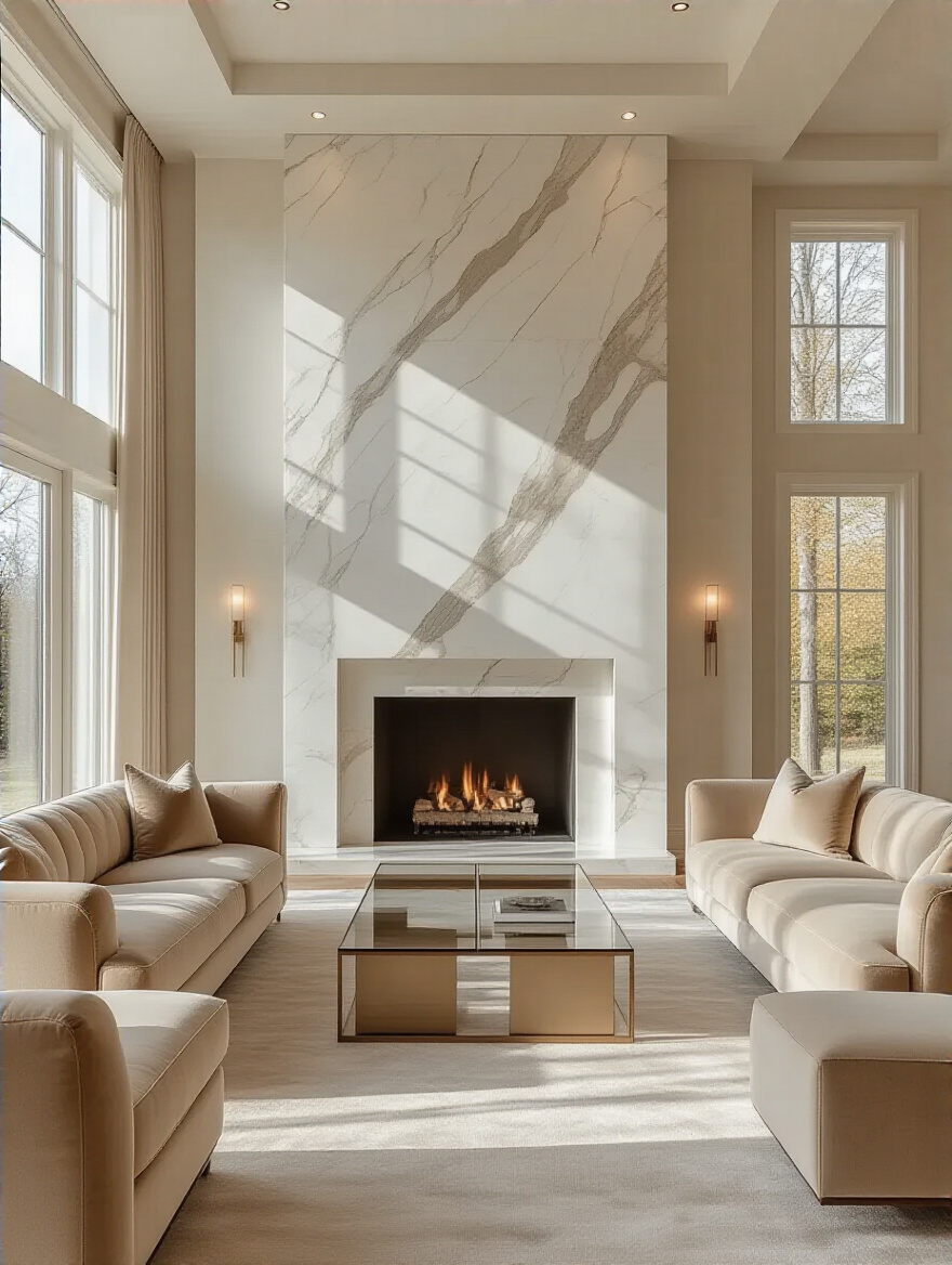 Elegant living room with a white marble fireplace as the main focal point, flanked by two sofas, bathed in soft natural light.