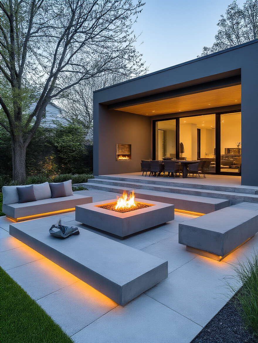 Modern concrete firepit in a beautifully designed backyard living space, representing careful financial planning.