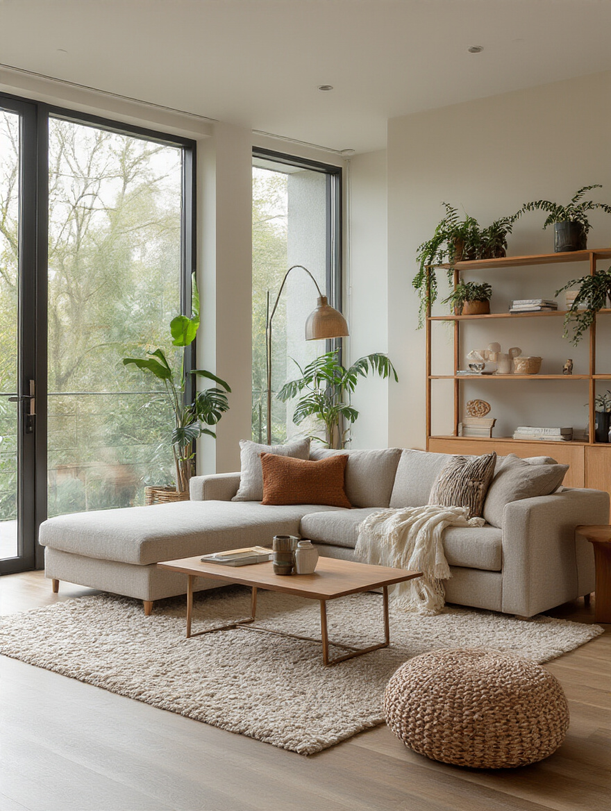 Portrait view of a stylish, modern living room with warm lighting