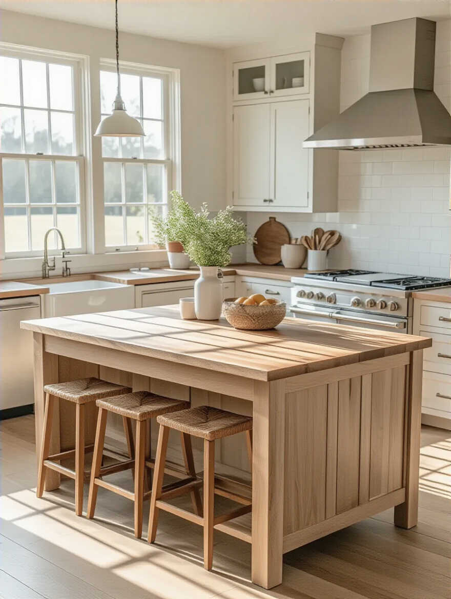 Bright farmhouse kitchen with a central wooden island, demonstrating ample clear space and well-planned pathways to optimize kitchen workflow between key activity zones.