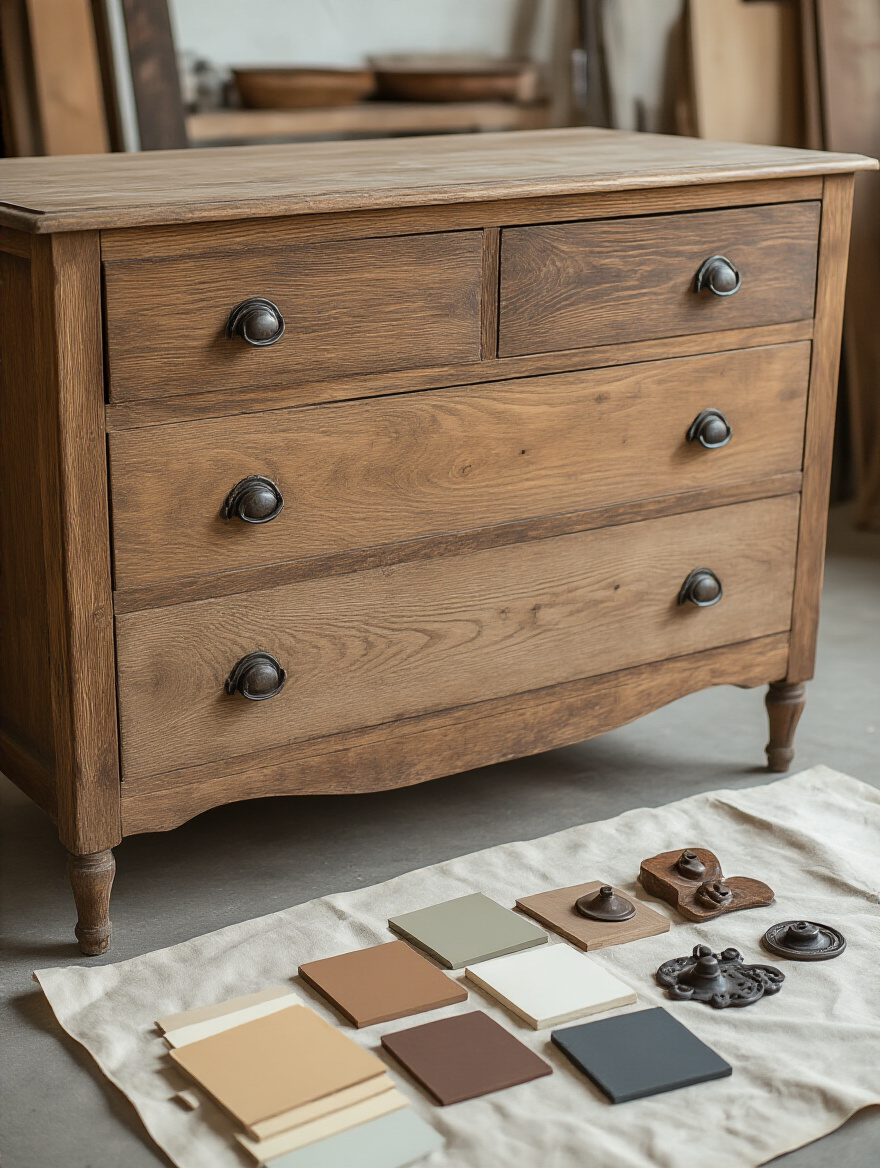 Image of an old wooden dresser partially sanded, surrounded by samples of rustic paint colors and metal hardware, illustrating the potential for rustic furniture transformation.