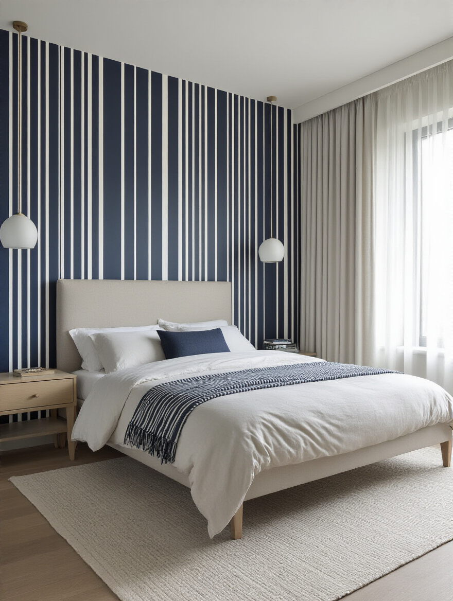 Bedroom with bold striped wall behind bed creating a dynamic focal point