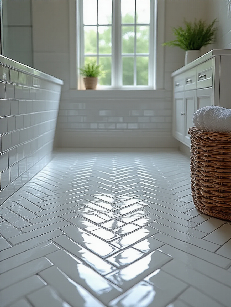 A close-up view of a beautifully laid bathroom floor featuring a detailed herringbone tile pattern with white subway tiles and light grey grout, creating a luxurious and visually interesting design element.