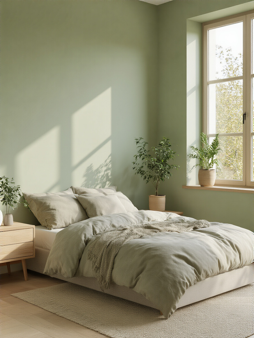 Bedroom corner with eco-friendly low-VOC paint on wall and natural daylight