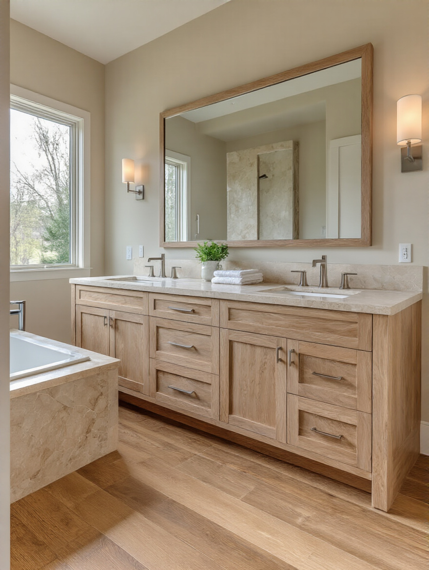 Engineered hardwood flooring in a dry bathroom vanity area, showcasing its warm tones and luxurious aesthetic with natural stone double vanity and elegant fixtures.