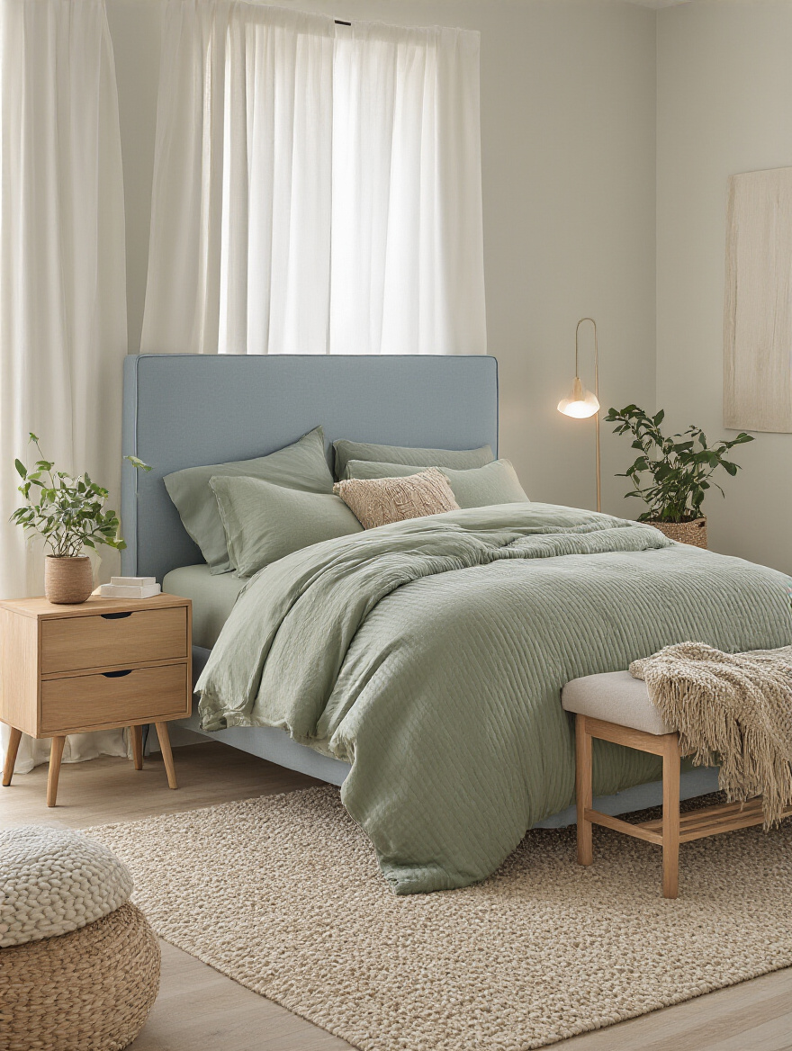 Serene bedroom with blues greens and neutrals in layered textures and natural light