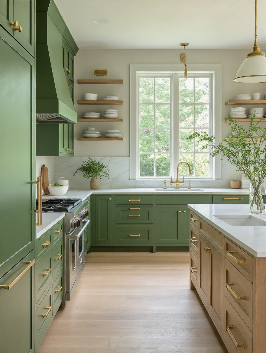 Portrait view of a modern kitchen emphasizing green cabinets with a cohesive style