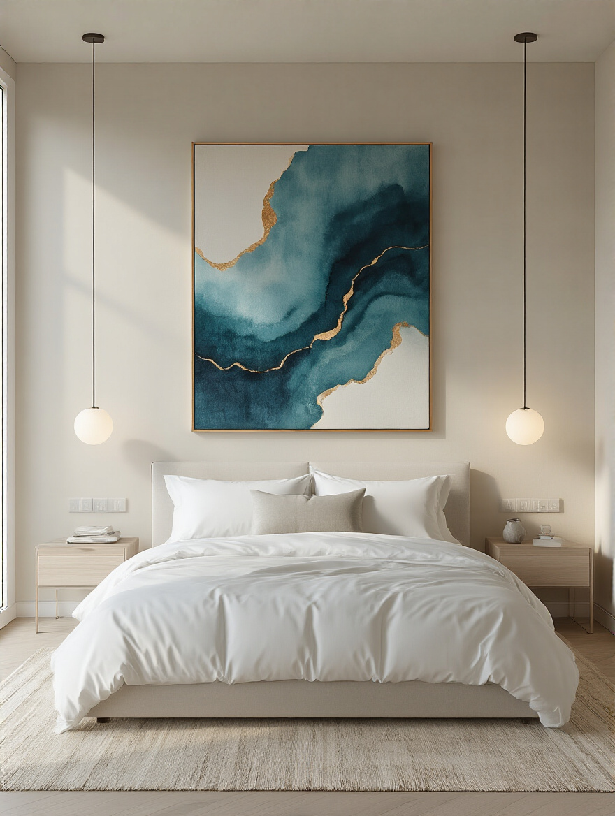 Vertical modern bedroom with bold abstract art focal point above bed