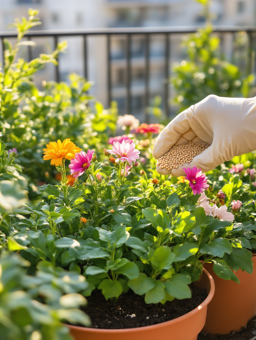 Vibrant balcony plants receiving fertilizer for robust growth and abundant blooming. A hand applies plant food to pots with lush green foliage and colorful flowers.