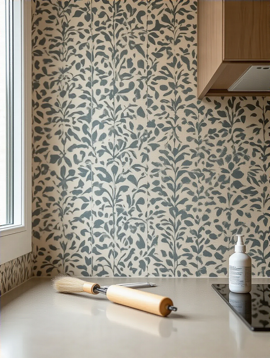Portrait of a modern kitchen wall showing a repaired wallpaper tear with adhesive tools nearby.