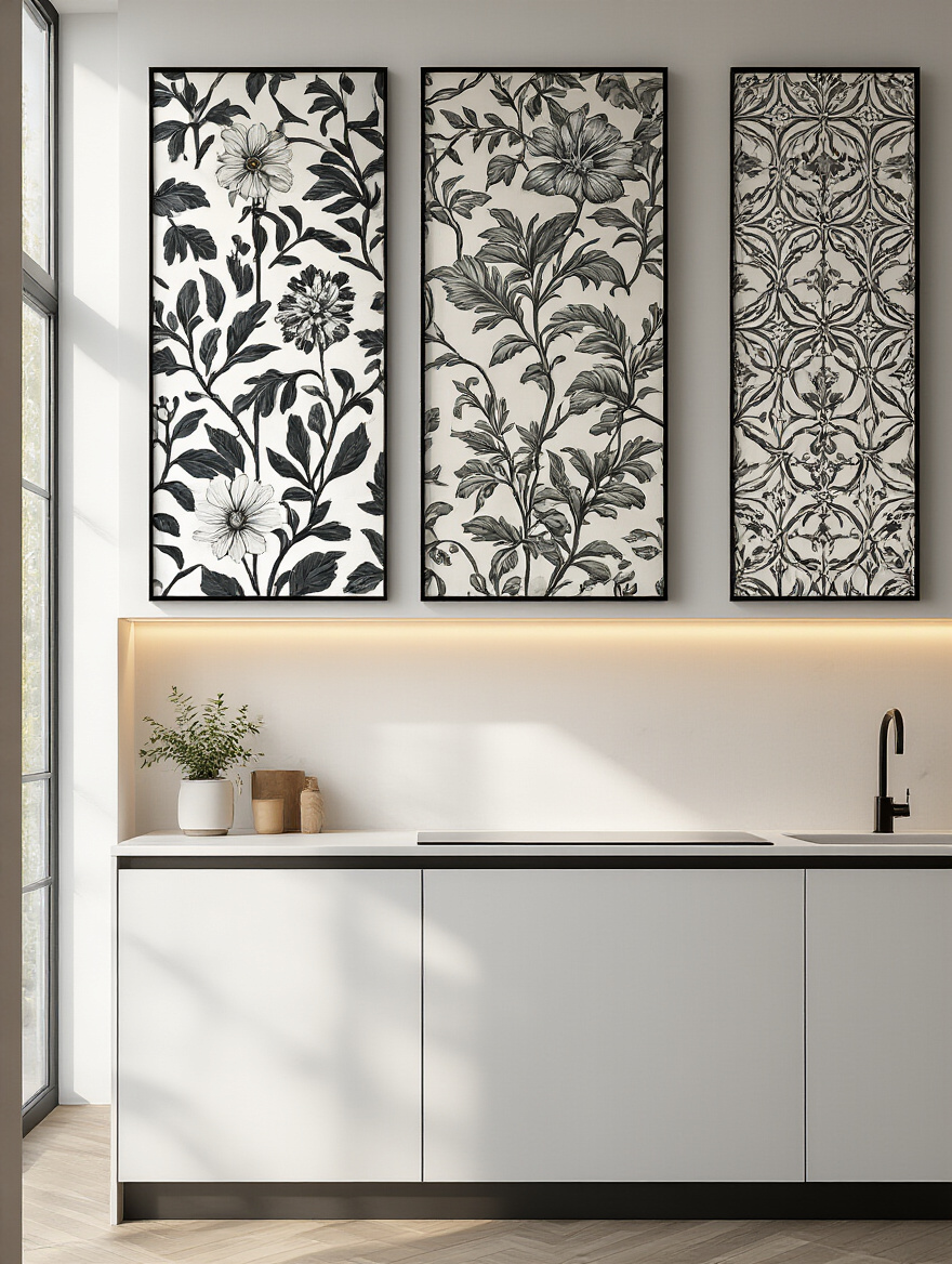 Portrait view of framed wallpaper panels as art in a modern kitchen above a white island