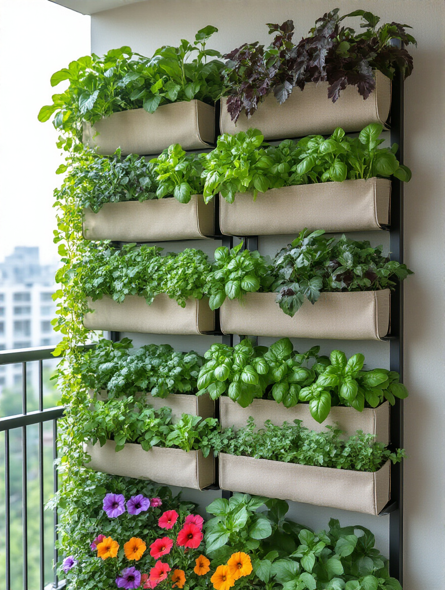 A vibrant, flourishing vertical garden setup on a modern urban balcony, featuring tiered planters and wall-mounted pockets overflowing with various green herbs, leafy greens, and colorful compact flowering plants, against a soft-focused city backdrop.