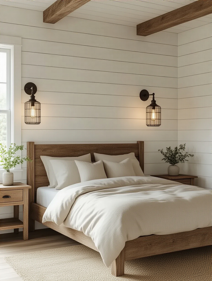 Farmhouse bedroom with a warm, glowing rustic industrial style pendant light made from repurposed mason jars hanging centrally over a wooden bed, shiplap walls in background, no people.