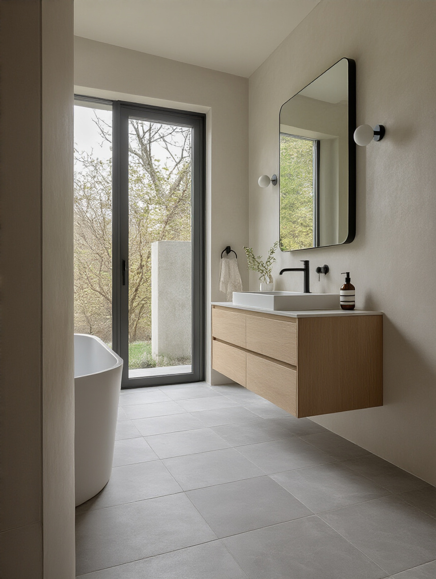 Modern bathroom showcasing harmonious light gray floor tiles, off-white walls, and matte black fixtures for a cohesive design.