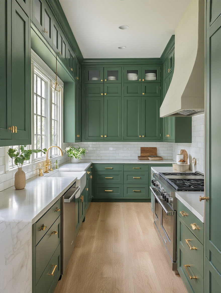 Portrait of a kitchen showing harmonized green cabinets integrated with existing elements