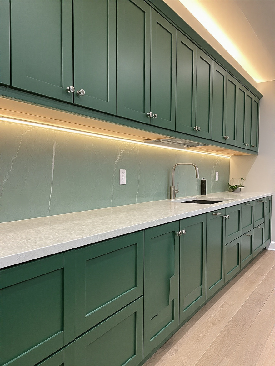 Portrait view of a flawless green cabinet installation with perfectly aligned doors, no people.